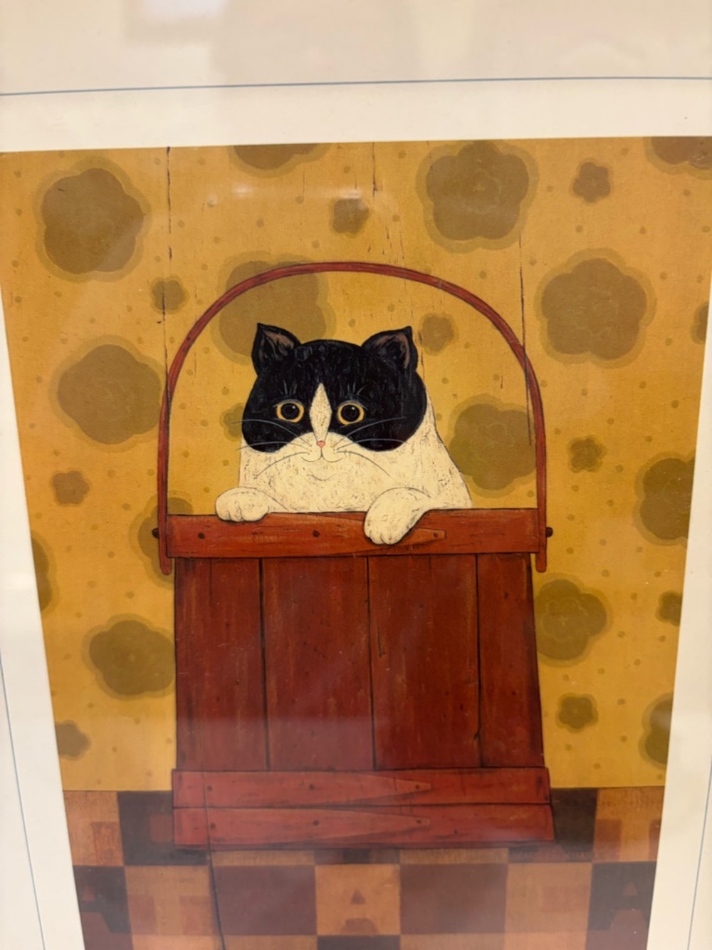 Wood Framed Cute Cat in Basket Folk Art Print Warren Kimble - Picture 2 of 3
